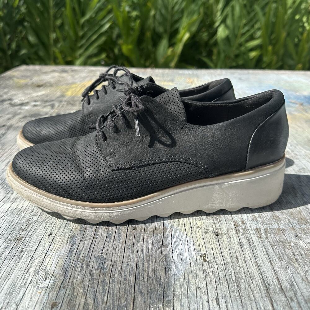 Clarks Sharon Dolly Black Shoes Slip-On Wedge Leather Suede Loafer Sz 10 - 500